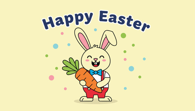 Cute cartoon bunny holding a giant carrot on a light yellow background with colorful confetti and Happy Easter text.