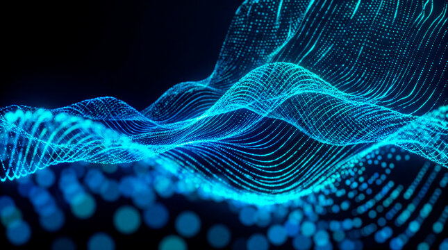 Abstract teal glowing particle dot wave on dark festive Christmas holiday background