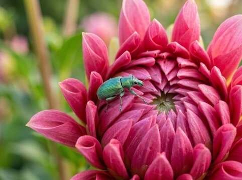 Metallic green beetle hiding inside a pink dahlia blossom