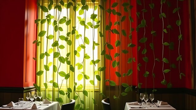 Tomato-red wall and basil-green curtains in an Italian restaurant interior.