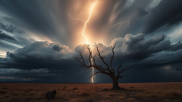 A lone lightning-struck tree in a stormy landscape with dark rolling clouds.