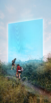 Two hikers running uphill toward glowing blue portal. Concept of ambition and overcoming challenges for outdoor campaigns, fitness branding and motivational advertising.