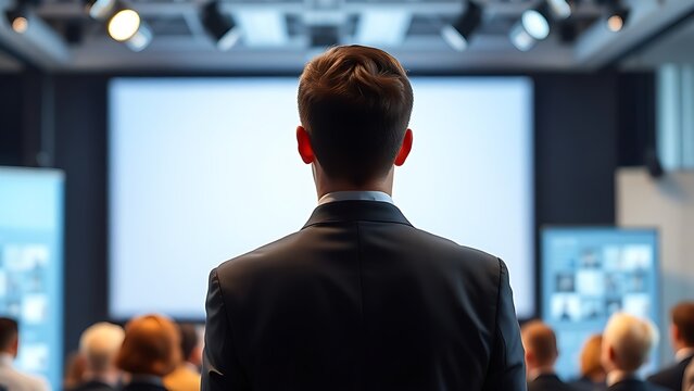 Business professional presenting to a small audience in a modern conference setting.