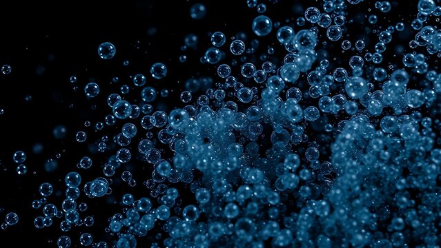 Dense clusters of tiny bubbles rising in a dark liquid, dynamic motion.