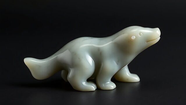 A miniature sculpture of a stylized arctic animal carved from smooth soapstone.