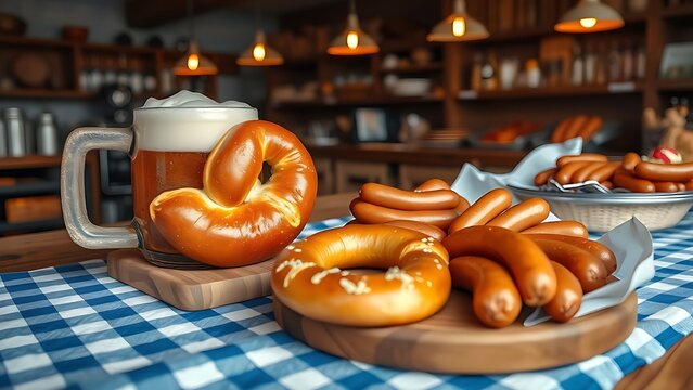 Large soft pretzel, stone beer mug with amber ale, and sausages on checkered cloth, rustic bakery