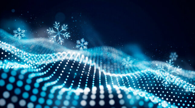 Abstract blue glowing particle wave with snowflakes on dark festive Christmas background