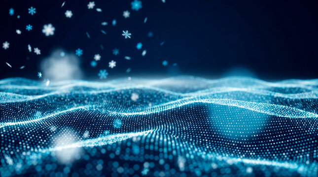 Abstract blue glowing particle wave with snowflakes on dark festive Christmas background