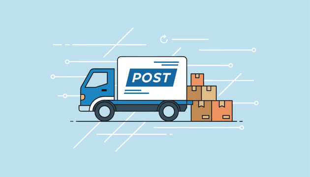 Blue post office delivery truck carrying mail and shipping cargo next to a high stack of orange cardboard boxes.