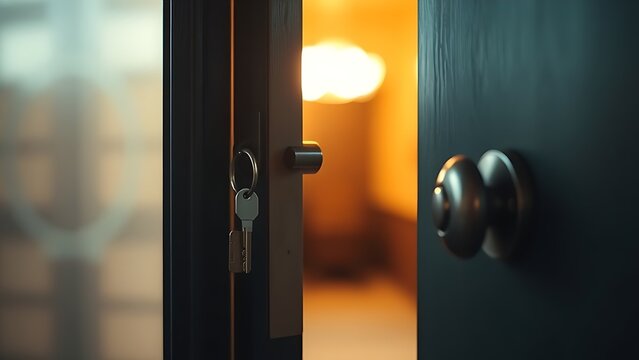 A welcoming door with a key in the lock, emitting warm interior light through the opening, creating an inviting entrance.
