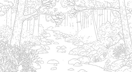 Fototapeta premium Nature forest stream line art, tranquil woodland path with flowing water and trees