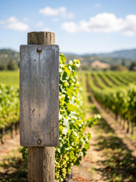 Weathered Metal Plaque Signboard Mockup in Sunlit Grape Vineyard