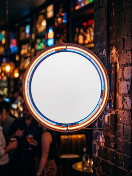 Circular Neon Signboard Mockup on Night Dark Brick Wall