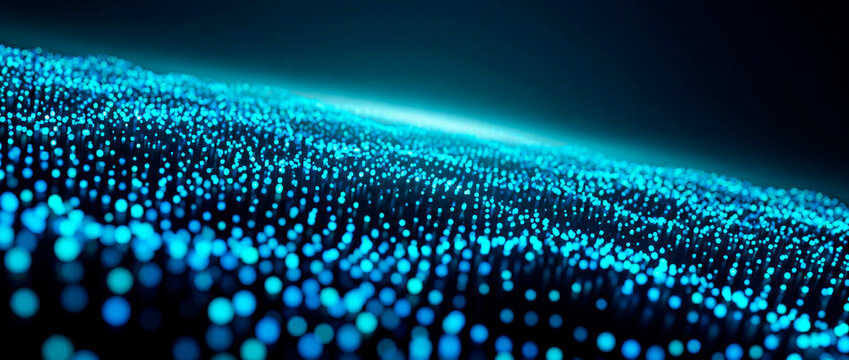 Abstract blue glowing particle dot wave on dark festive Christmas holiday background