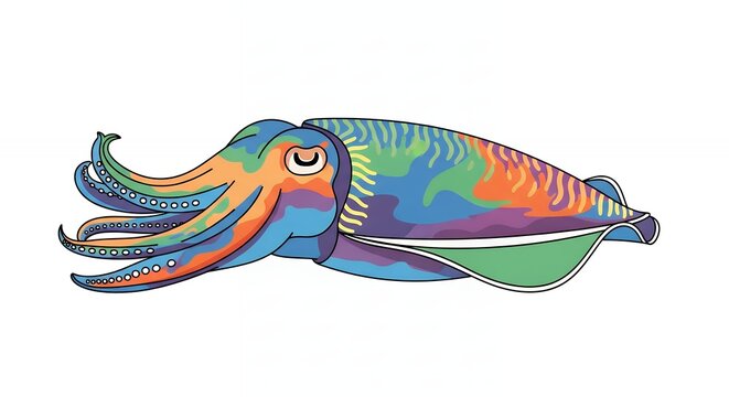 Artistic Colorful Cuttlefish Illustration with Vibrant Psychedelic Patterns Isolated on White Background