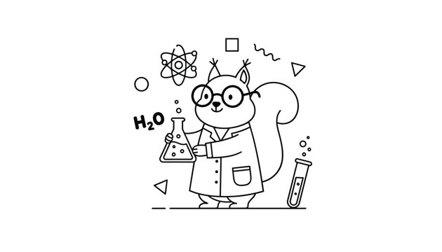Smart squirrel scientist wearing glasses and a lab coat conducts chemistry experiment with H2O chemical formula.