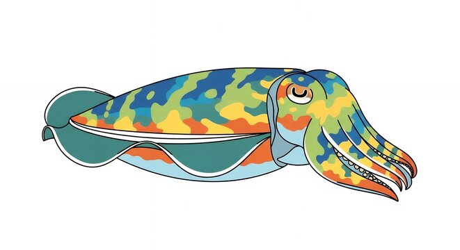 Vibrant Cuttlefish Illustration with Colorful Abstract Camouflage Pattern Isolated on Plain White Background