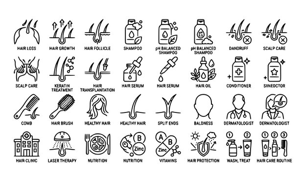 Hair Loss Treatment Line Icons Set Editable Stroke Vector Collection