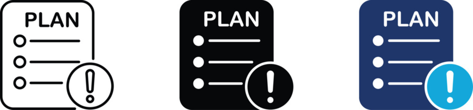 Plan icon set, task list document paper with exclamation mark alert symbol collection, priority project deadline notice or error warning, line glyph and flat color style graphic design.