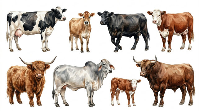 Collection of Diverse Cattle Breeds and Farm Livestock Characters on a Clean White Background