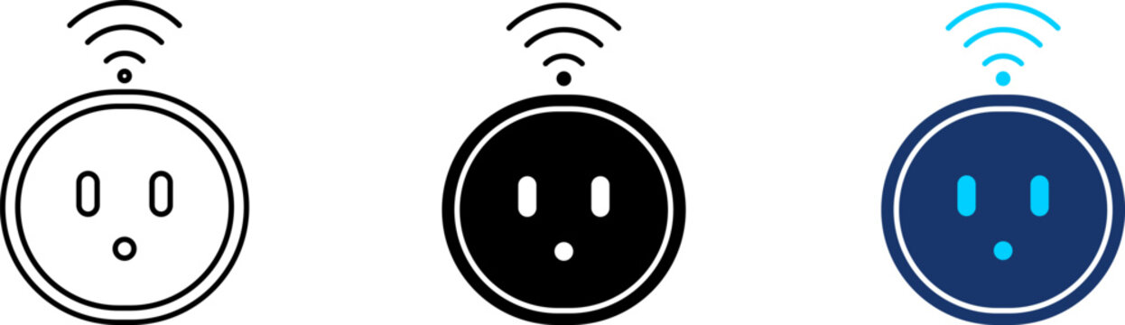 Round smart plug icon set, wireless circular smart home electric socket with wi-fi signal wave symbol, remote power outlet, line, glyph, and flat color style digital illustration graphic.