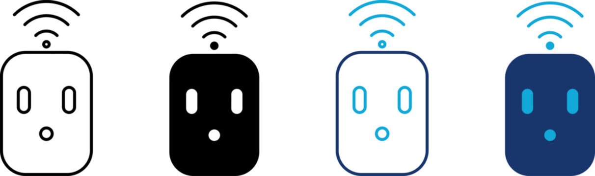 Smart plug icon set, rectangular wireless smart home electric socket with wi-fi signal wave symbol, remote control power outlet, thin line, glyph, and flat color style digital illustration design.
