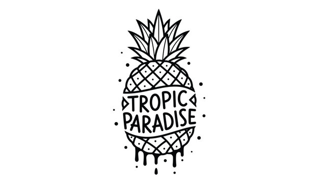 Hand-drawn illustration of a pineapple with the words Tropic Paradise written across it, featuring dripping juice.