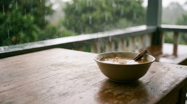 Hot ginger soup drink on rainy day balcony table