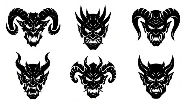 Set of black silhouette illustrations featuring fierce demon heads, devil masks, horned monsters, and mythical evil faces isolated on a white background. Bold high-contrast vector-style artwork suitab
