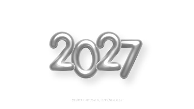 2027 Happy New Year greeting card background. 2027 silver balloon numbers on white. Luxury festive sparkle holiday postcard, invitation, banner for social media. Vector illustration.