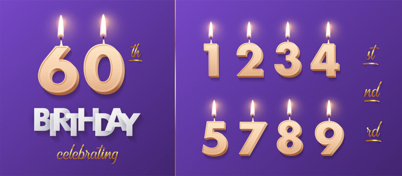 Birthday anniversary number cake candles. Birthday golden beige candles set with number 60 isolated on purple for party invitation, greeting card, poster, congratulation. Luxury vector background.