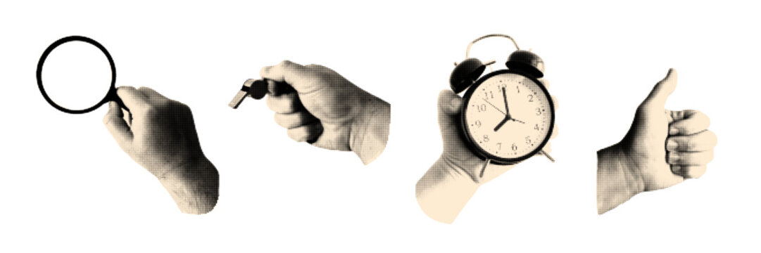 Hands gesture halftone collage. Hands with magnifier, whistle, alarm clock, thumb up isolated on white background. Trendy monochrome vector illustration.