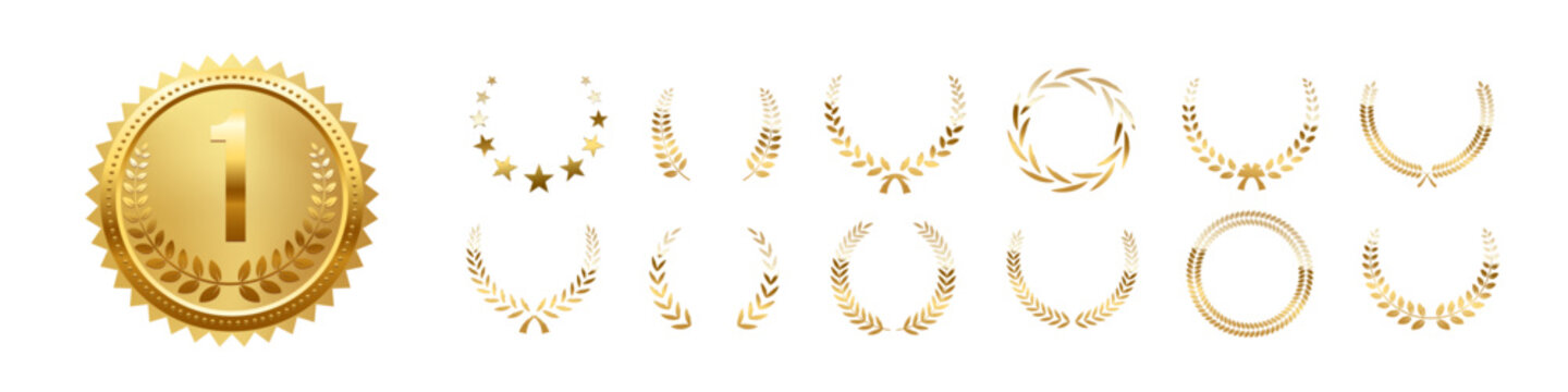 Gold award medals with laurel wreath. Golden medals with number one and leaf wreath on white background. 3d metal winner emblems. Realistic vector illustrations set.