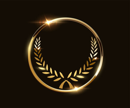 Gold award medal. Golden award winner emblem. Shiny round frame with wreath laurel and light sparkles on dark background for winners ceremony, branding, rewards. Luxury elegant vector illustration.