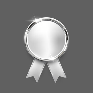 Silver medal. Realistic 3D platinum award medal with ribbons, symbolizing second place in sports, competitions, athletic events. Winner emblem, diploma, certificate. Elegant vector illustration.