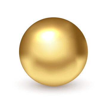 Metal golden ball. 3D color metallic sphere with soft reflections, smooth gradient and shadow. Glossy reflective bead. Realistic vector illustration