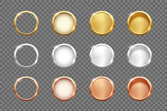 Award medal set. Gold, silver, bronze medals. First, second, third place winner award isolated on transparent. Metal blank shiny button,frame, ring, circle, coin. Realistic vector illustration.