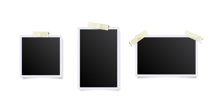 Photo frames with tape. Empty old foto frames with white borders. Scrapbook, memory album templates. Realistic vector illustrations for photography projects, retro collages, memory collections.