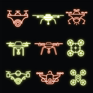 Quadcopter aircraft and remote control drone neon sign vectors with glowing orange yellow linear icons on black background