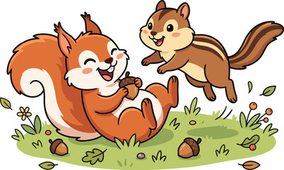 Obraz premium Squirrel and Chipmunk Friends Playing Cartoon Vector Clipart