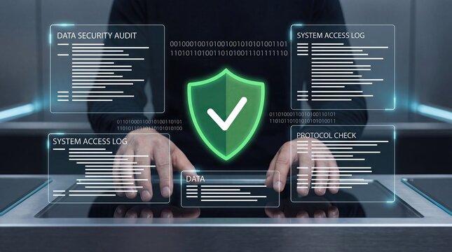Hacker or expert hands typing on keyboard with green shield security icon and floating data access logs performing cybersecurity audit and protocol verification