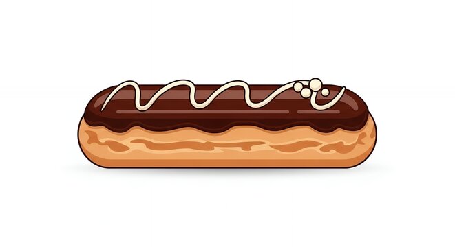 Delicious Chocolate Eclair Pastry with White Icing Drizzle and Sweet Glaze Isolated on White Background Illustration