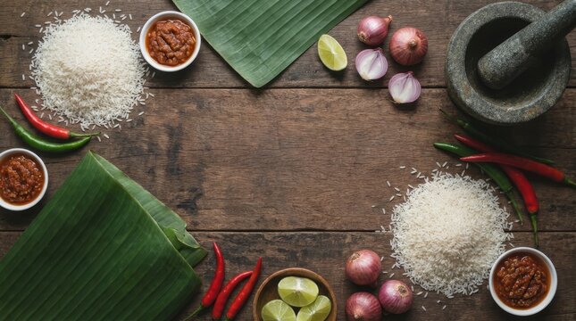 Indonesian cooking ingredients flat lay with rice sambal and spices