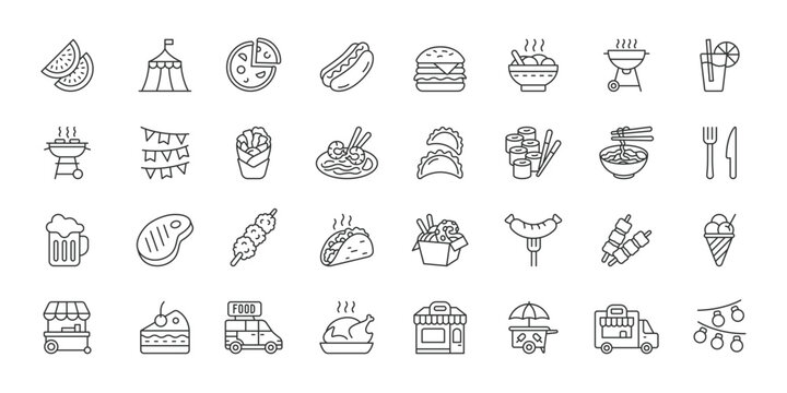 Street Food Festival icons in line design. street food, festival, food truck, vendor, snack, market, cooking on white background vector. Street Food Festival editable stroke icons.