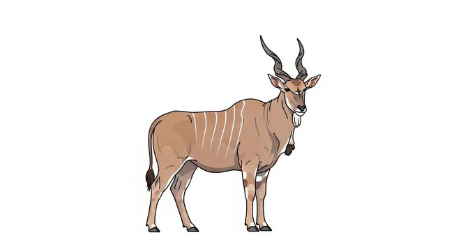 African common eland antelope with impressive spiral horns and white stripes isolated on white background.