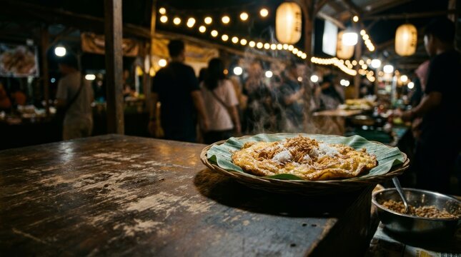 Indonesian kerak telor street food on wooden table at night market