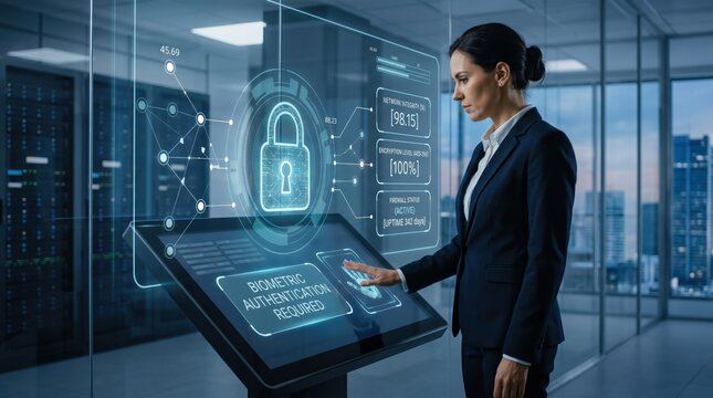 Businesswoman using futuristic biometric authentication interface with digital lock icon on holographic screen, illustrating advanced cybersecurity identity verification and dat...
