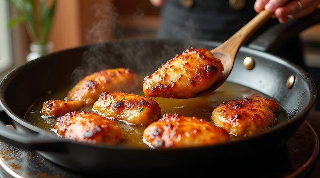Golden-brown fried eggs cooking in a cast iron skillet. Crispy sunny-side-up breakfast meal sizzling in hot oil with bubbling edges.