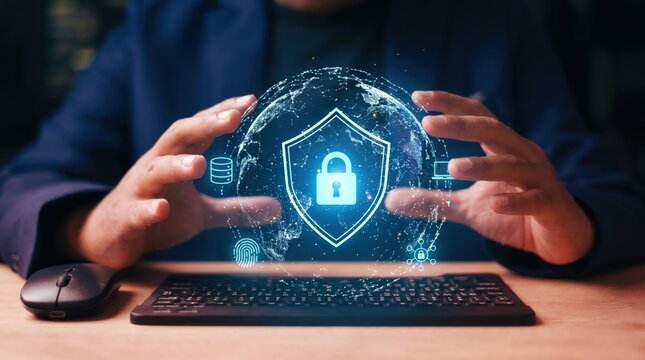 Cybersecurity protection shield icon on digital network background, hands holding glowing lock symbol, data privacy, internet security, firewall concept, encryption technology, ...