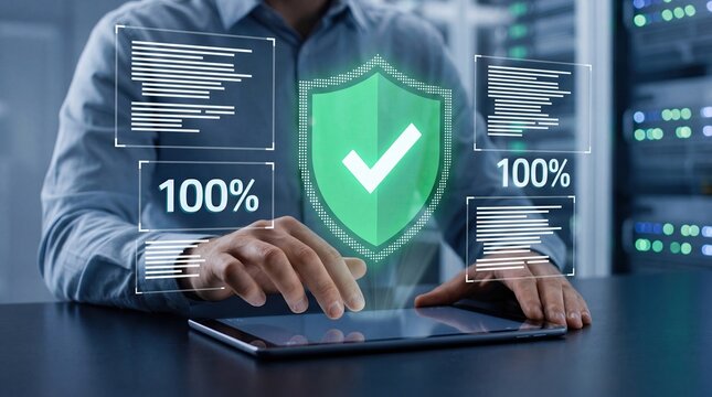 Data protection checkmark on tablet in server room, system verification complete, green shield icon, cloud computing security, software update success, database management, it i...
